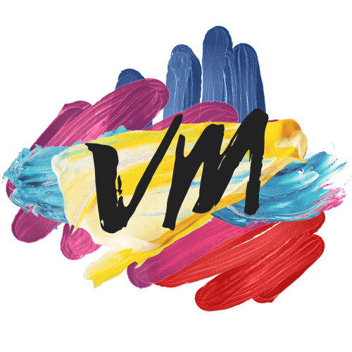 The VM logo in black Selima font with paint strokes behind it.
